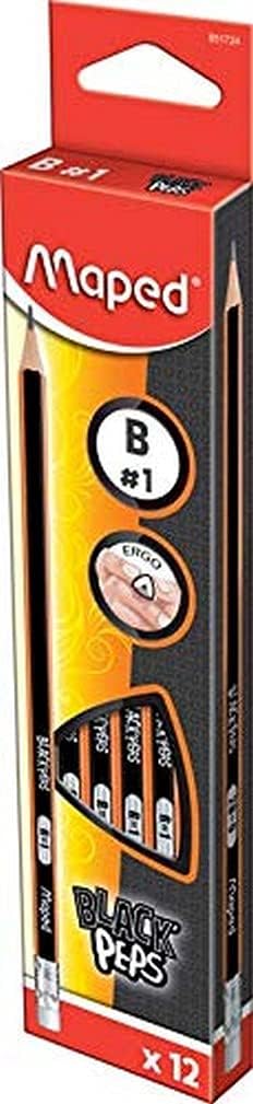 Maped Black’Peps 851724 – Caja de 12 Lápices de Grafito B con Goma de Borrar, Negro y Naranja