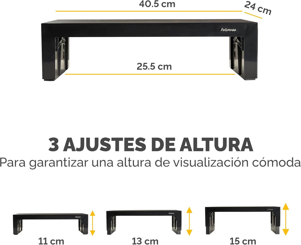 Fellowes Elevador de Monitor Everyday Plus – Soporte Ergonómico Ajustable con 3 Alturas y Almacenamiento – Negro