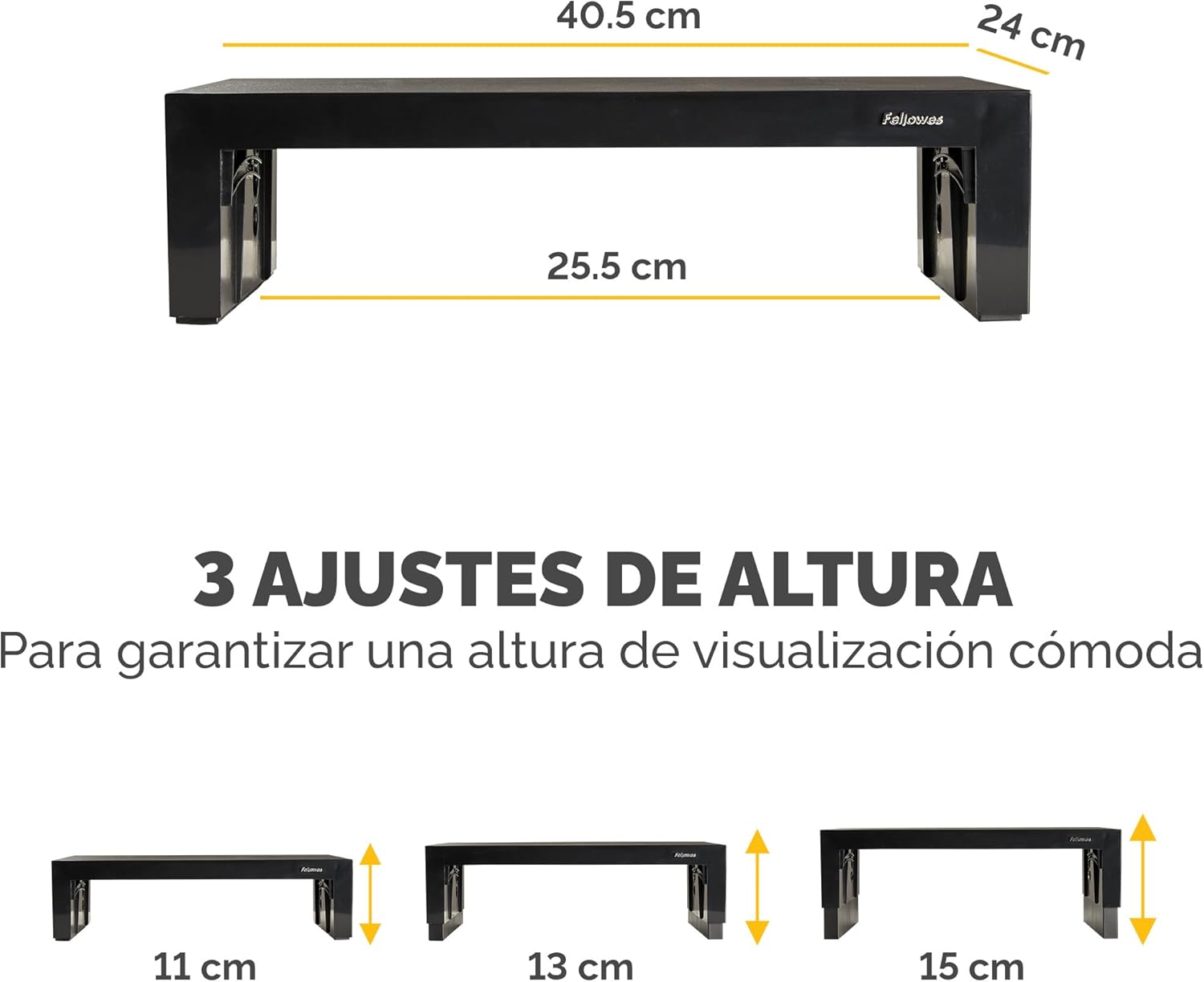 Fellowes Elevador de Monitor Everyday Plus – Soporte Ergonómico Ajustable con 3 Alturas y Almacenamiento – Negro