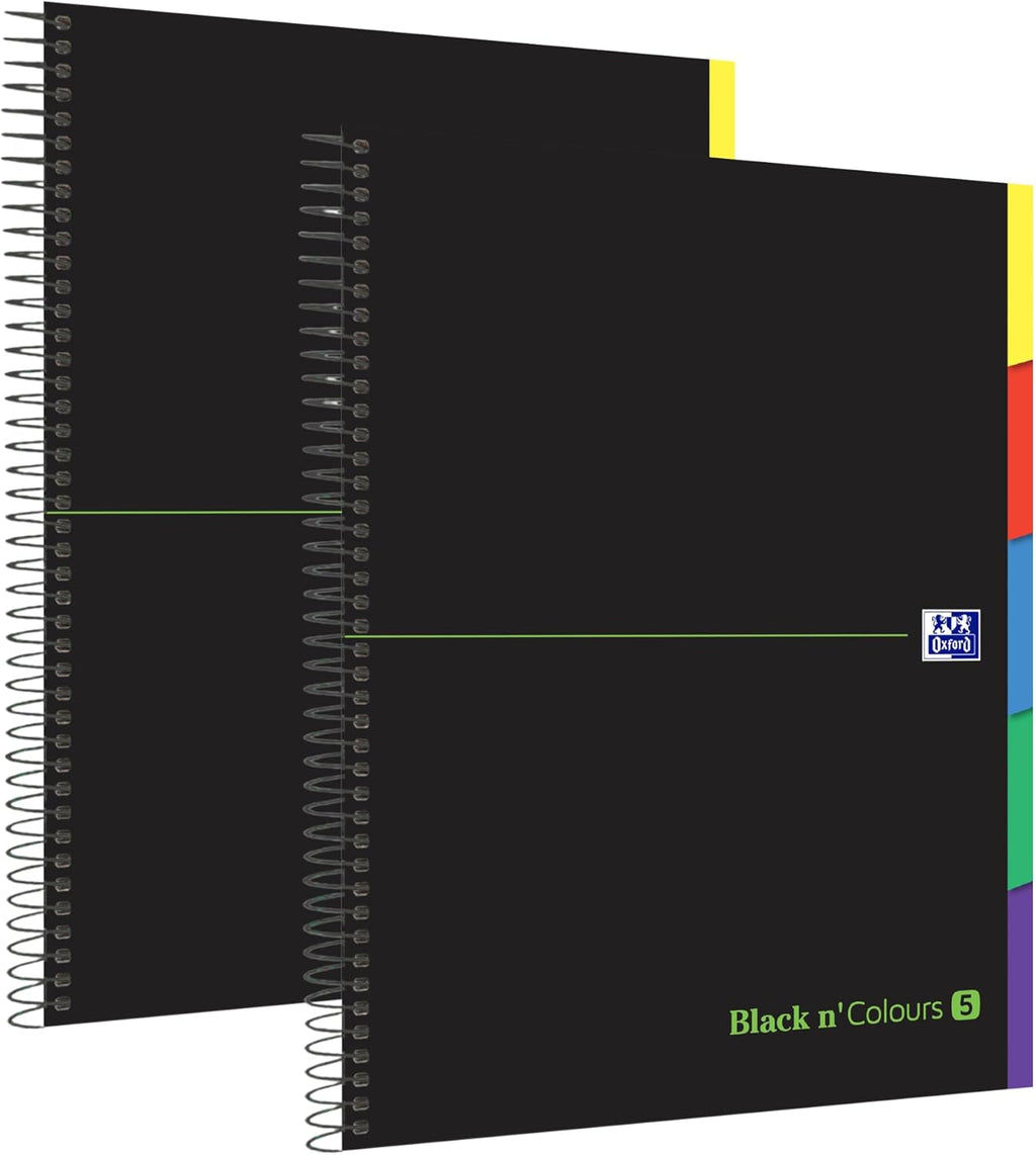 Oxford Black n’ Colours Pack 2 Cuadernos A4 | Tapa Extradura Negra | 80 Hojas Cuadriculadas 5x5 | Microperforado | Papel Optik Paper 90 g