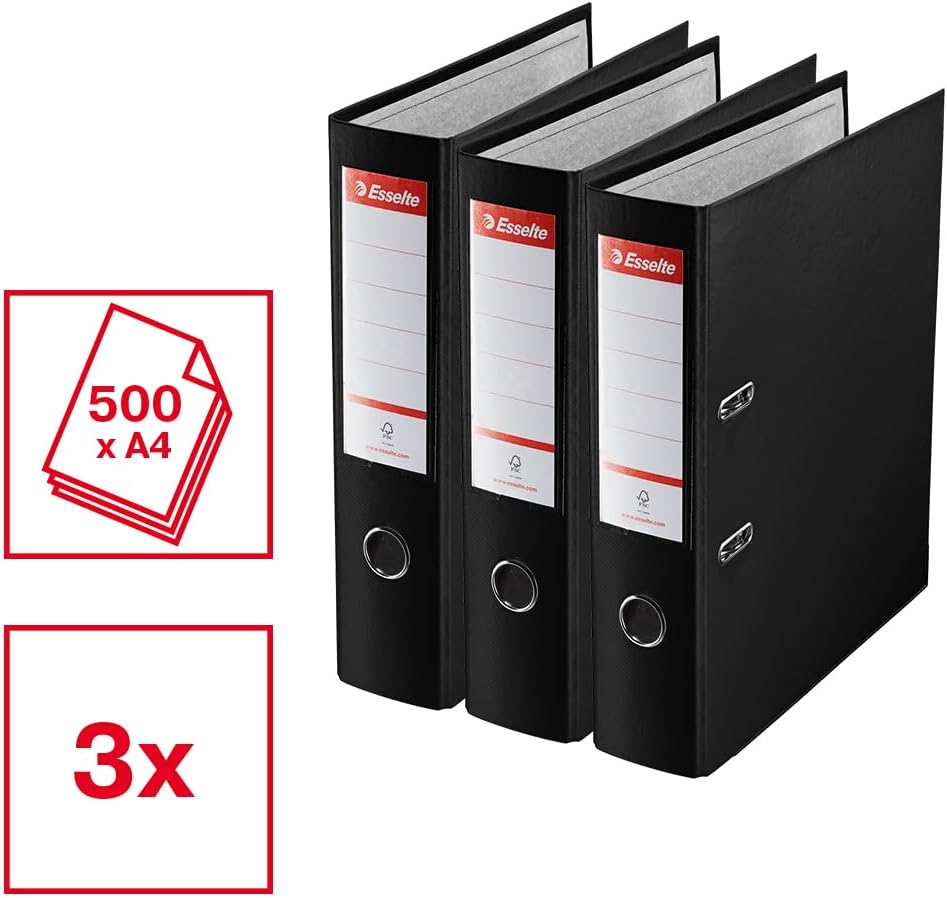Archivador A4 Esselte Premium – Negro Mate 75 mm (Pack de 3 Unidades)