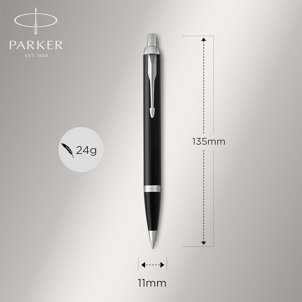 Parker IM Set de Regalo Doble con Bolígrafo y Pluma Estilográfica – Acabado Negro con Adornos Cromados + Cartucho y Recambio Azul – Estuche de Regalo
