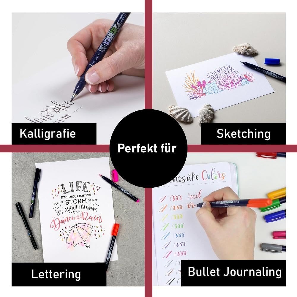 Tombow Fudenosuke Brush Pen – Estuche de 10 Rotuladores de Punta Dura – Colores Surtidos