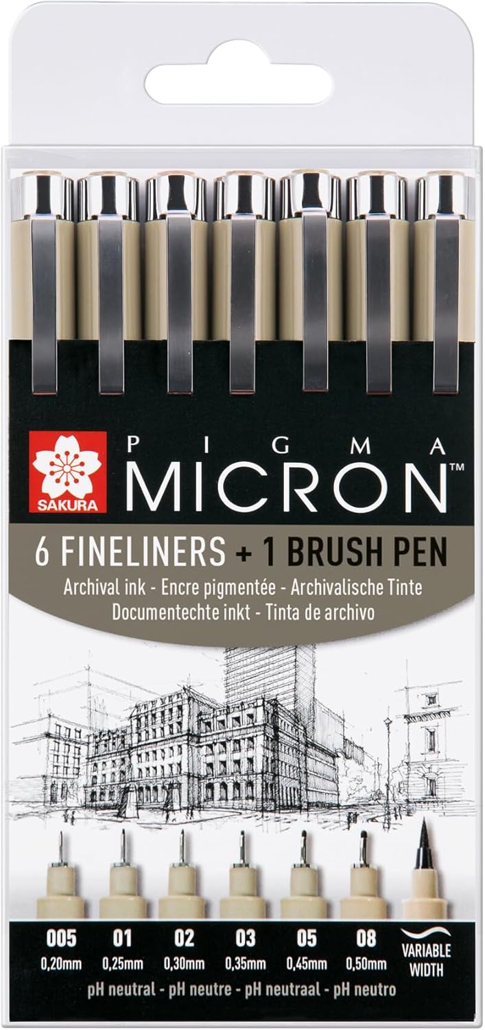 Sakura Pigma Micron – Set de 6 Rotuladores Finos + Pincel – Tinta Permanente Resistente al Agua