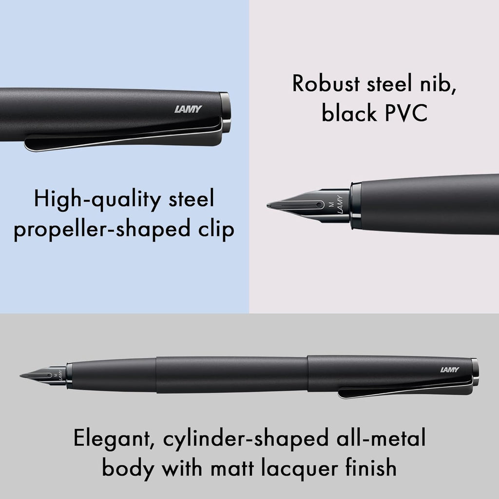 Lamy Studio Lx All Black Pluma Estilográfica – Cuerpo Metálico Elegante – Clip Helicoidal – Plumín de Acero F – Cartucho T10 Azul Incluido