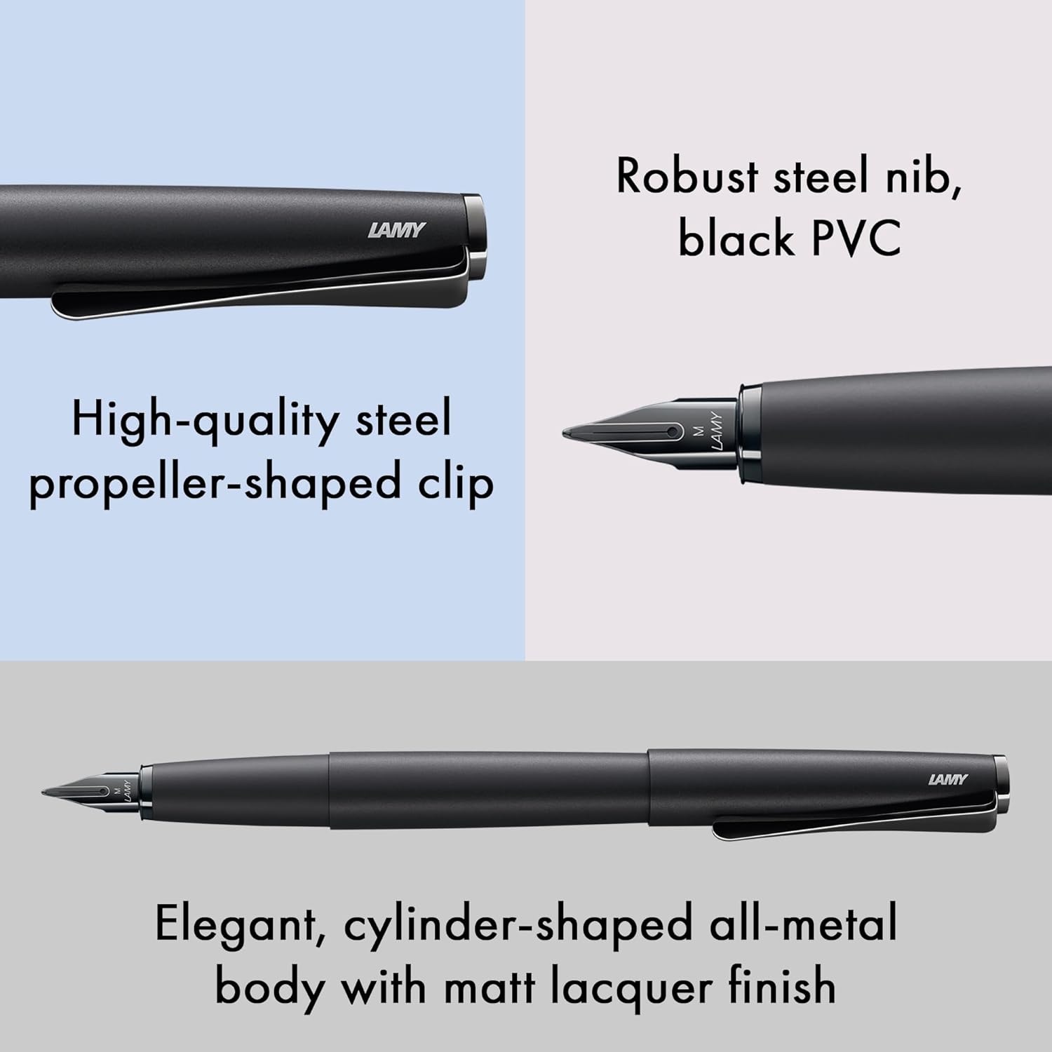 Lamy Studio Lx All Black Pluma Estilográfica – Cuerpo Metálico Elegante – Clip Helicoidal – Plumín de Acero F – Cartucho T10 Azul Incluido