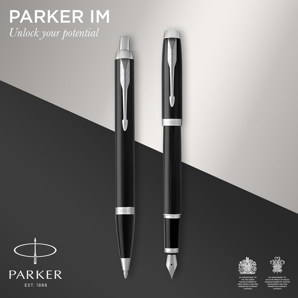 Parker IM Set de Regalo Doble con Bolígrafo y Pluma Estilográfica – Acabado Negro con Adornos Cromados + Cartucho y Recambio Azul – Estuche de Regalo