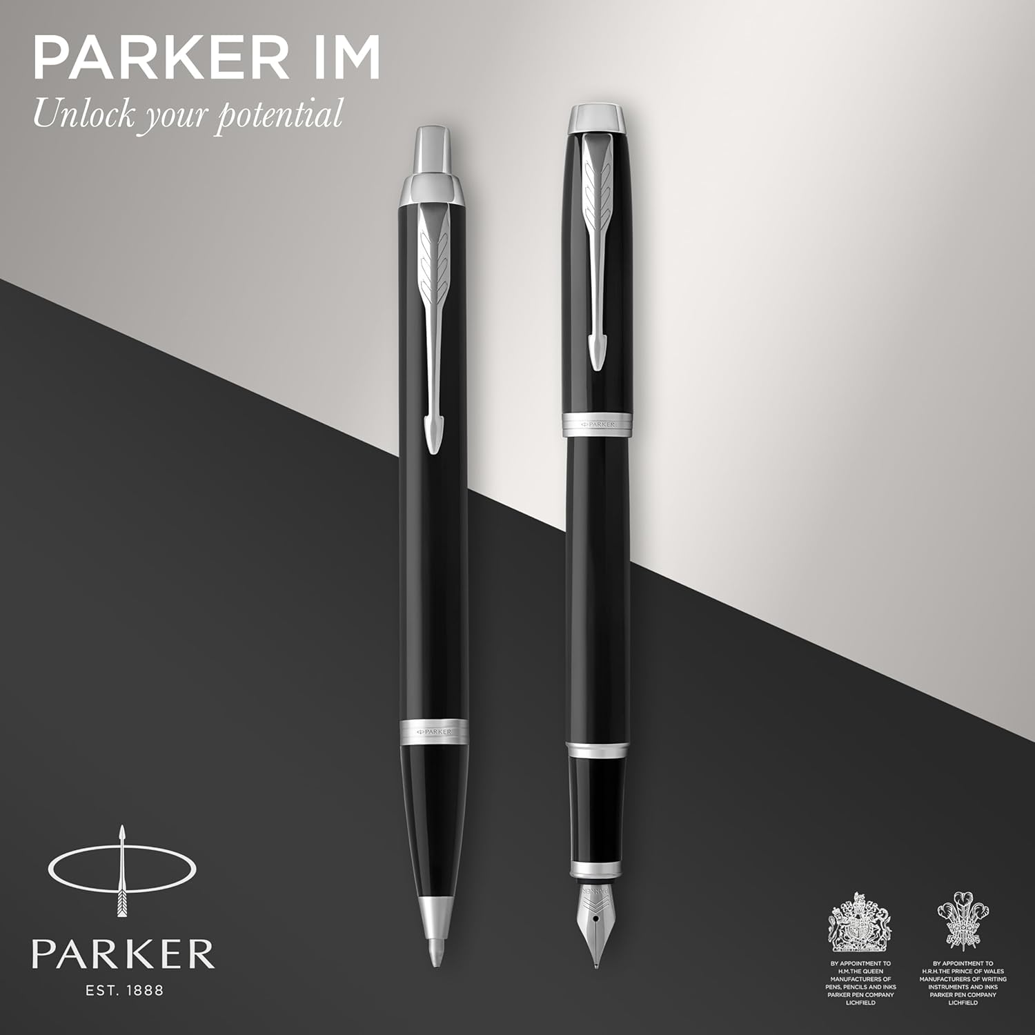 Parker IM Set de Regalo Doble con Bolígrafo y Pluma Estilográfica – Acabado Negro con Adornos Cromados + Cartucho y Recambio Azul – Estuche de Regalo