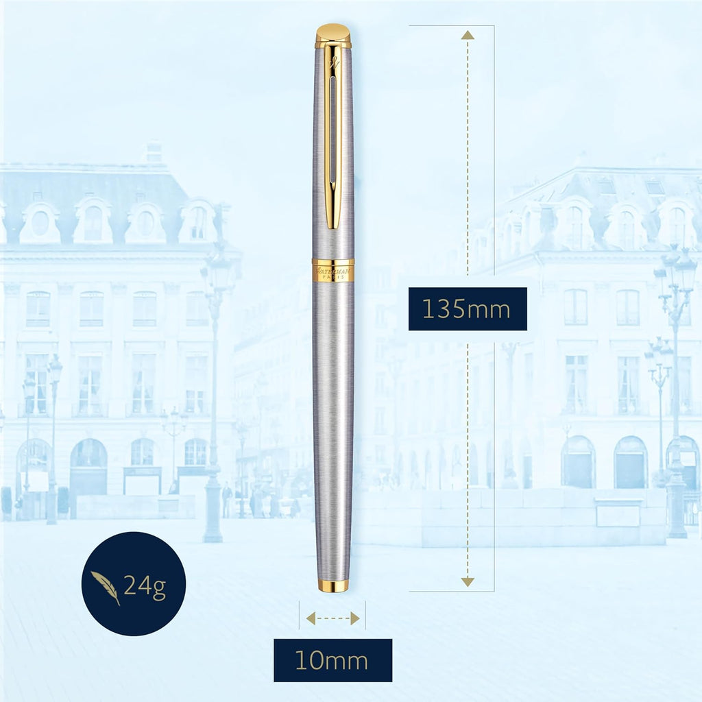 Waterman Hémisphère Pluma Estilográfica Acero Inoxidable con Adornos de Oro 23K – Plumín Medio