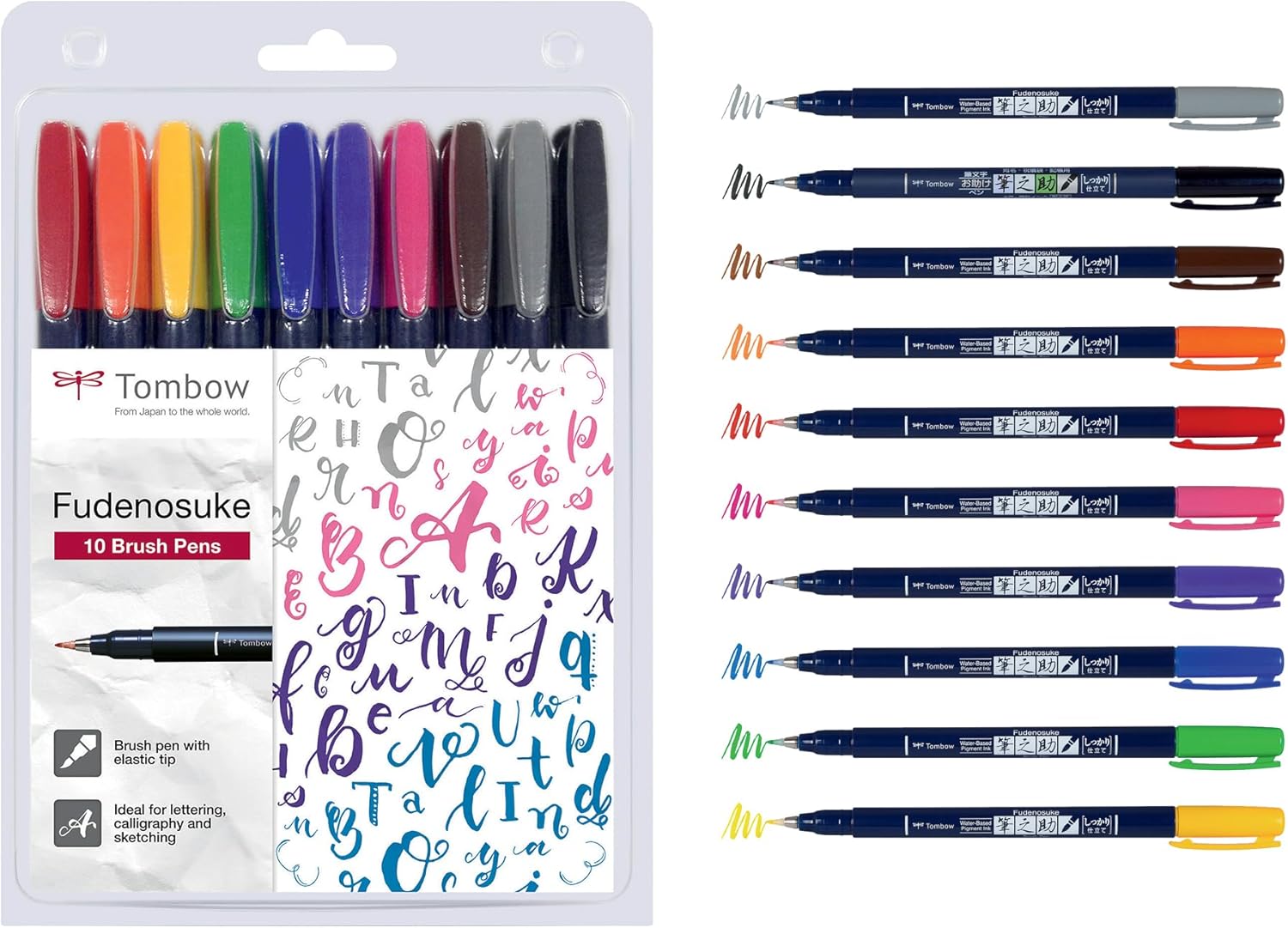Tombow Fudenosuke Brush Pen – Estuche de 10 Rotuladores de Punta Dura – Colores Surtidos