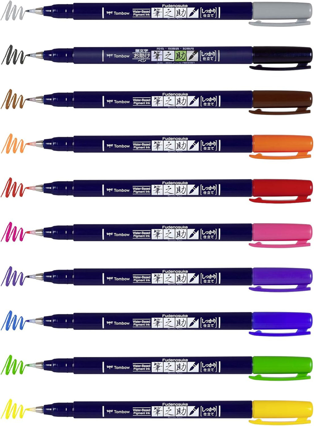 Tombow Fudenosuke Brush Pen – Estuche de 10 Rotuladores de Punta Dura – Colores Surtidos