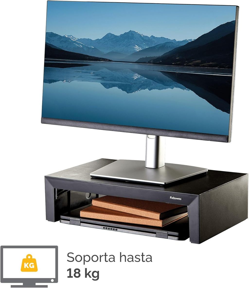 Fellowes Elevador de Monitor Everyday Plus – Soporte Ergonómico Ajustable con 3 Alturas y Almacenamiento – Negro