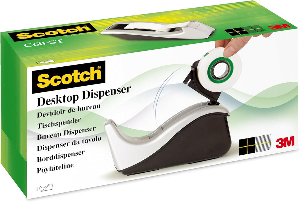 Scotch C60 – Dispensador de Cinta Adhesiva Negro y Plata + Rollo de Cinta Original 3M
