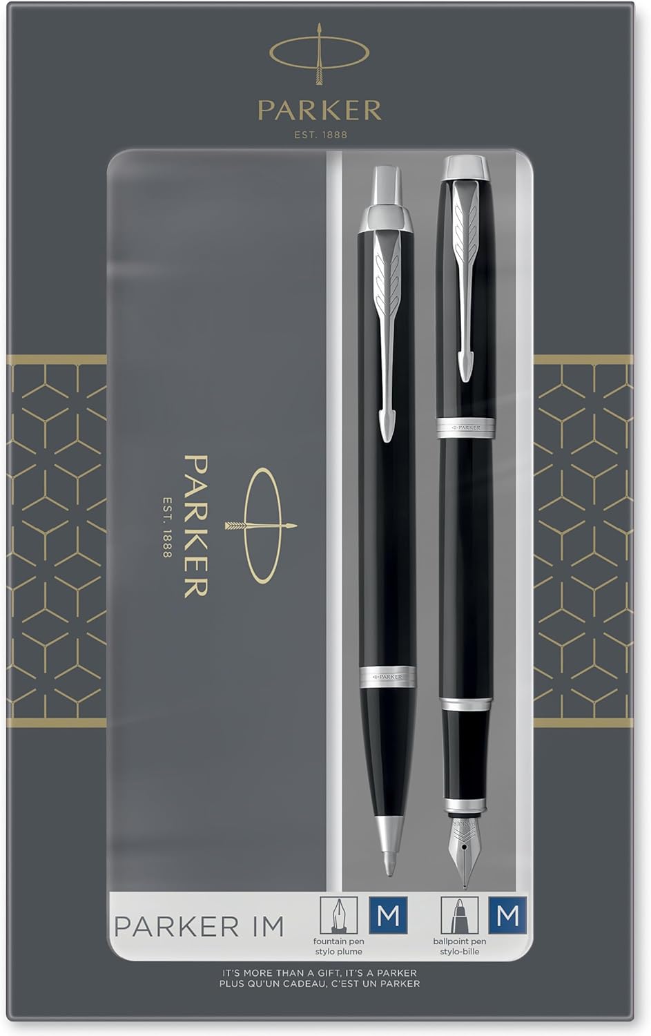 Parker IM Set de Regalo Doble con Bolígrafo y Pluma Estilográfica – Acabado Negro con Adornos Cromados + Cartucho y Recambio Azul – Estuche de Regalo