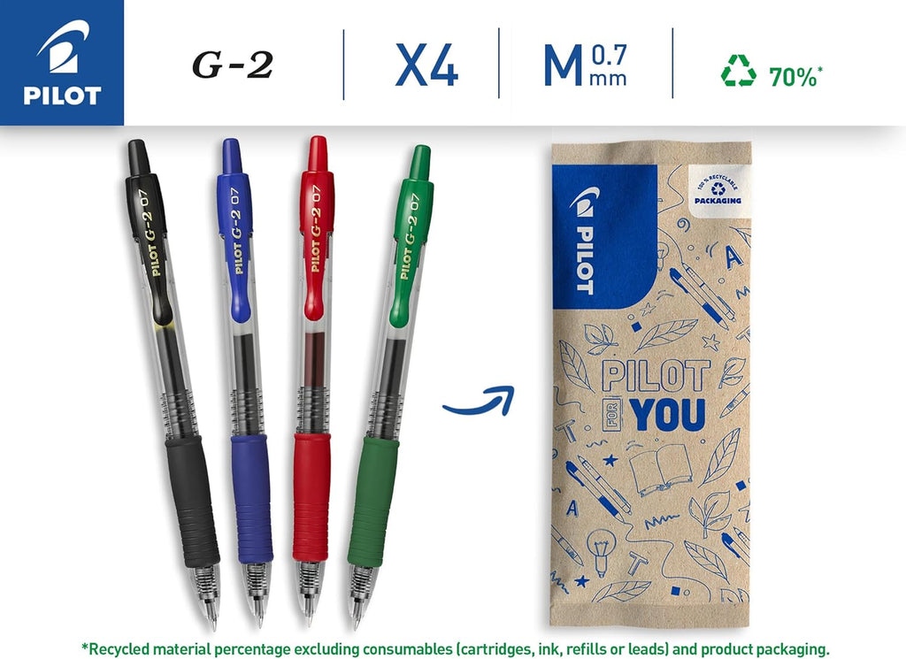 Pilot G2 – Set de 4 Bolígrafos Roller de Gel Retráctiles y Recargables – Colores Negro, Azul, Rojo y Verde