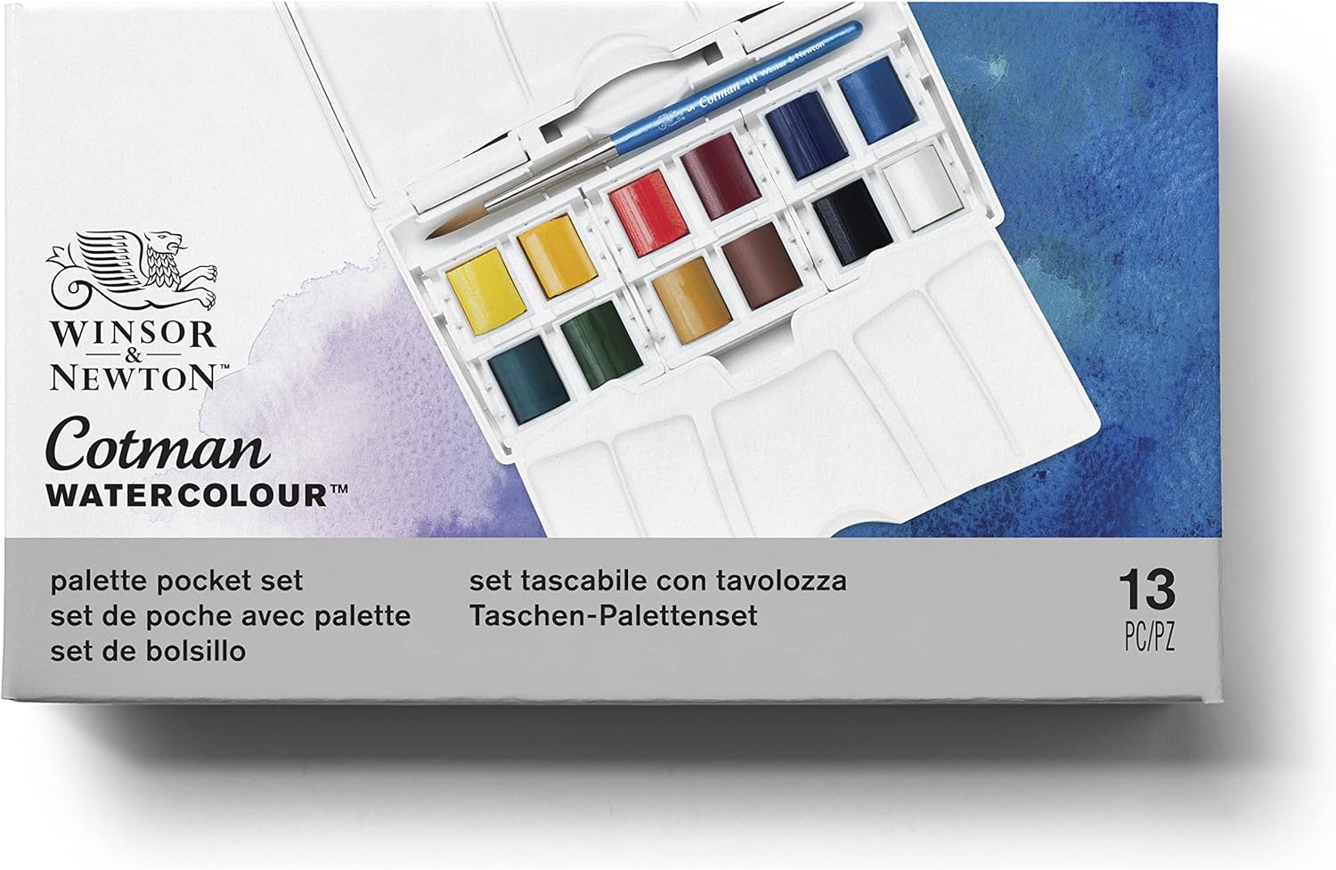 Winsor & Newton Cotman – Set de Acuarelas Pocket Plus (12 Colores Surtidos + Pincel de Viaje)