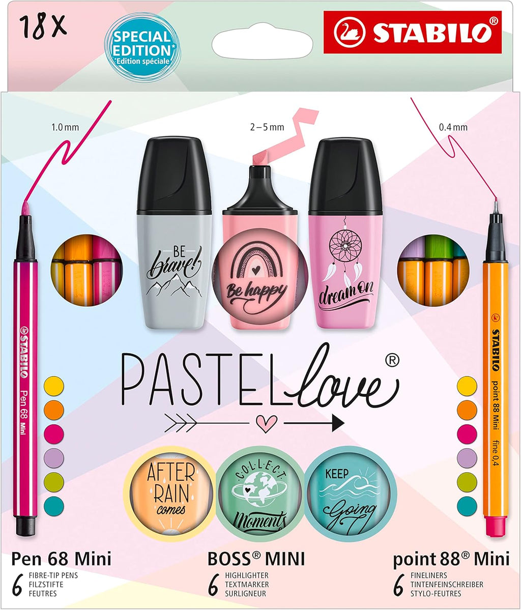 STABILO Estuche Pastellove Collection – 6 Pen 68 Mini + 6 Point 88 Mini + 6 Marcadores BOSS Mini Pastel