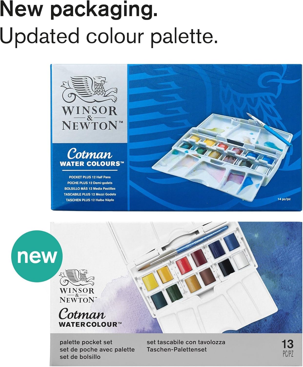 Winsor & Newton Cotman – Set de Acuarelas Pocket Plus (12 Colores Surtidos + Pincel de Viaje)