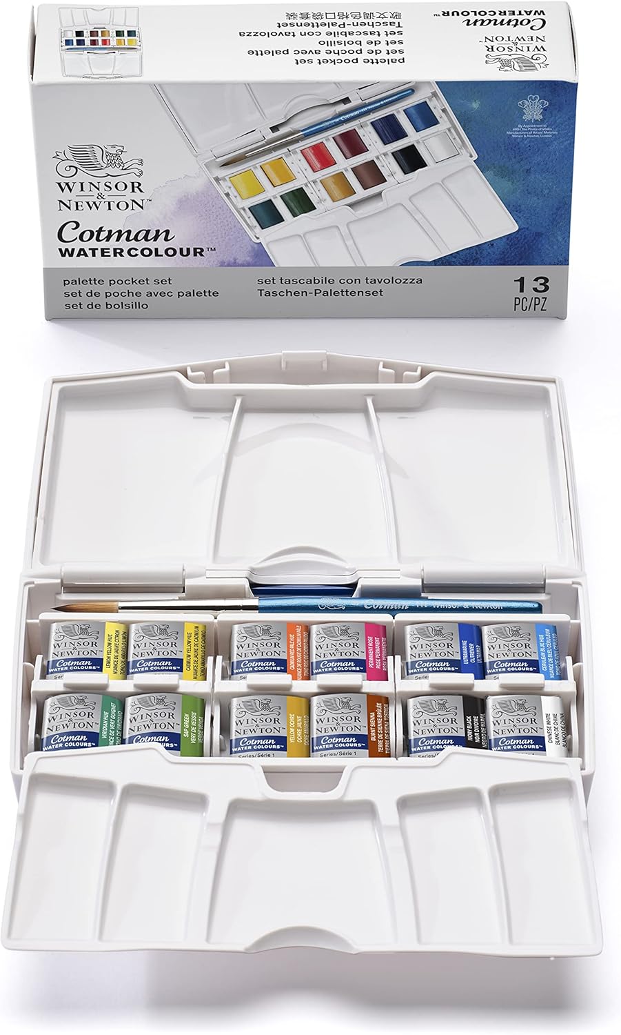 Winsor & Newton Cotman – Set de Acuarelas Pocket Plus (12 Colores Surtidos + Pincel de Viaje)