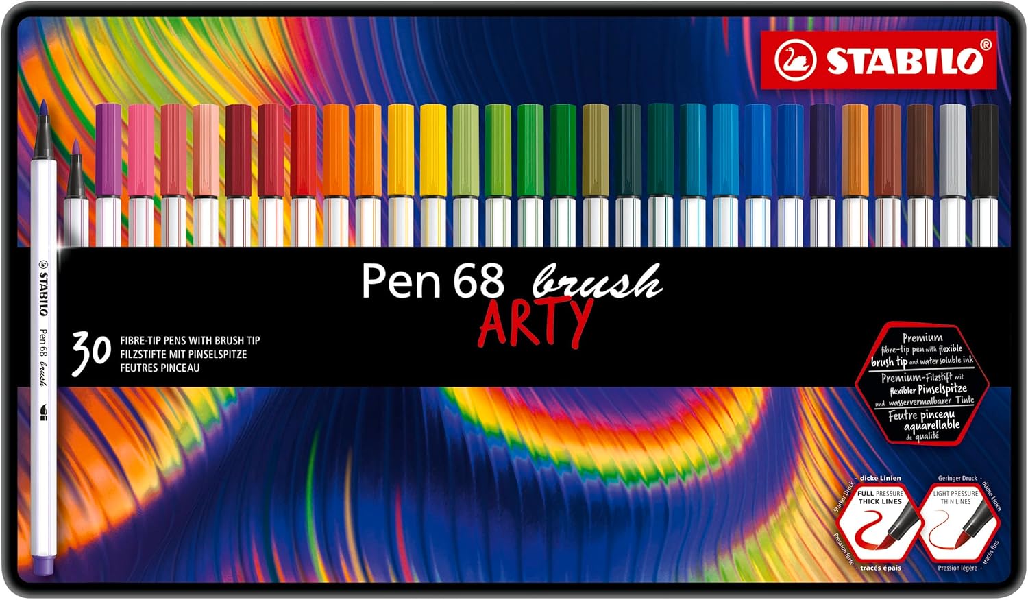 Rotulador premium con punta de pincel STABILO Pen 68 Brush - Estuche de metal ARTY con 30 colores