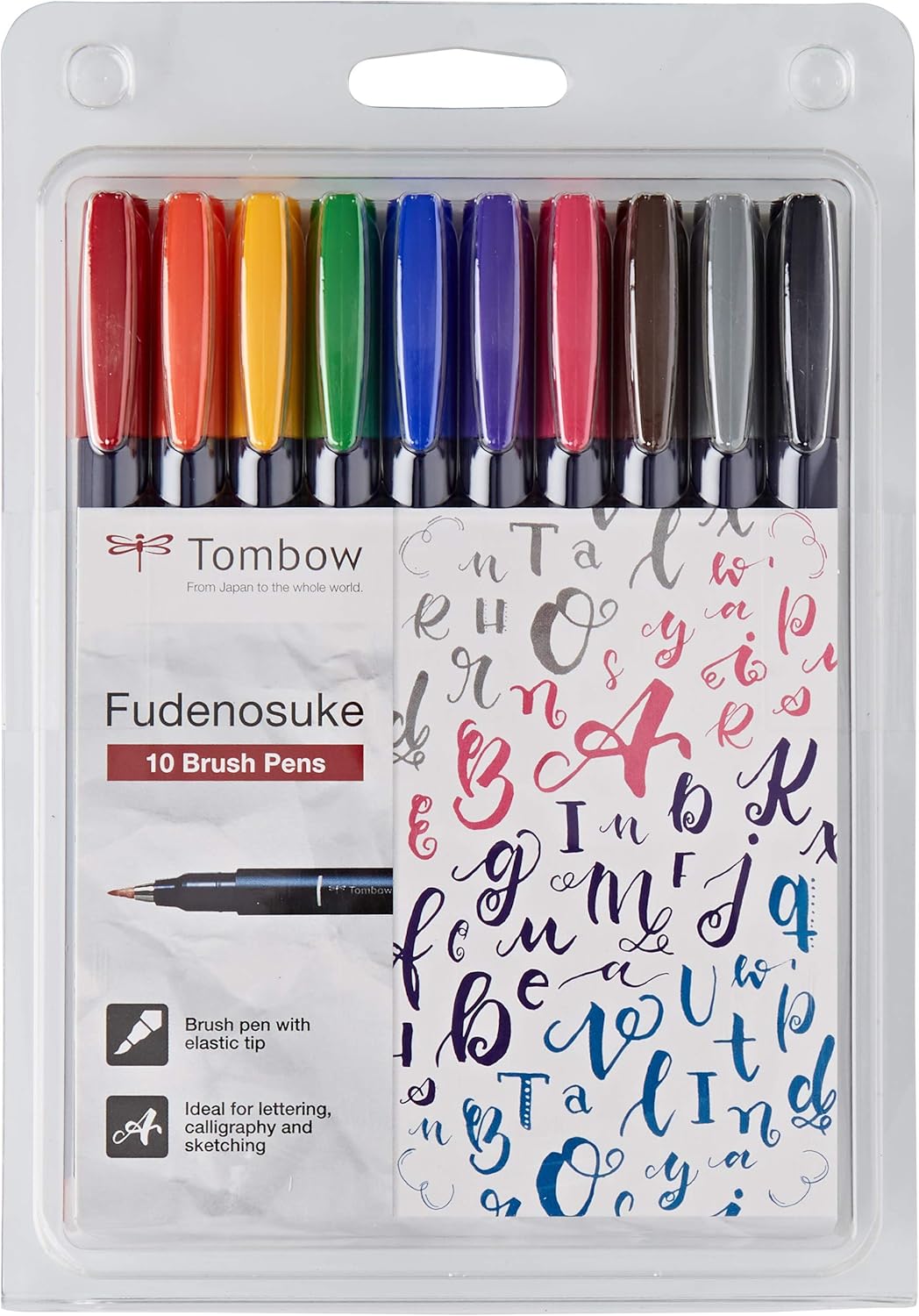 Tombow Fudenosuke Brush Pen – Estuche de 10 Rotuladores de Punta Dura – Colores Surtidos