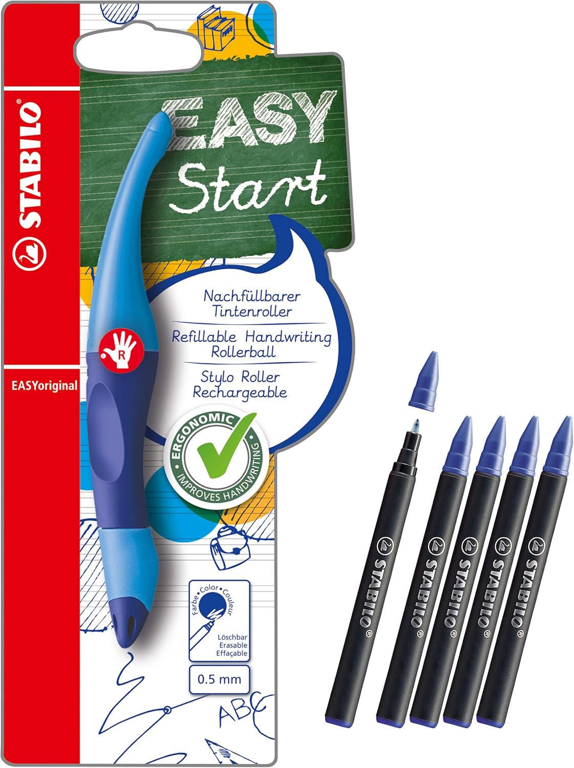STABILO EASYoriginal – Bolígrafo ergonómico para diestros, azul borrable + 3 cartuchos de recambio