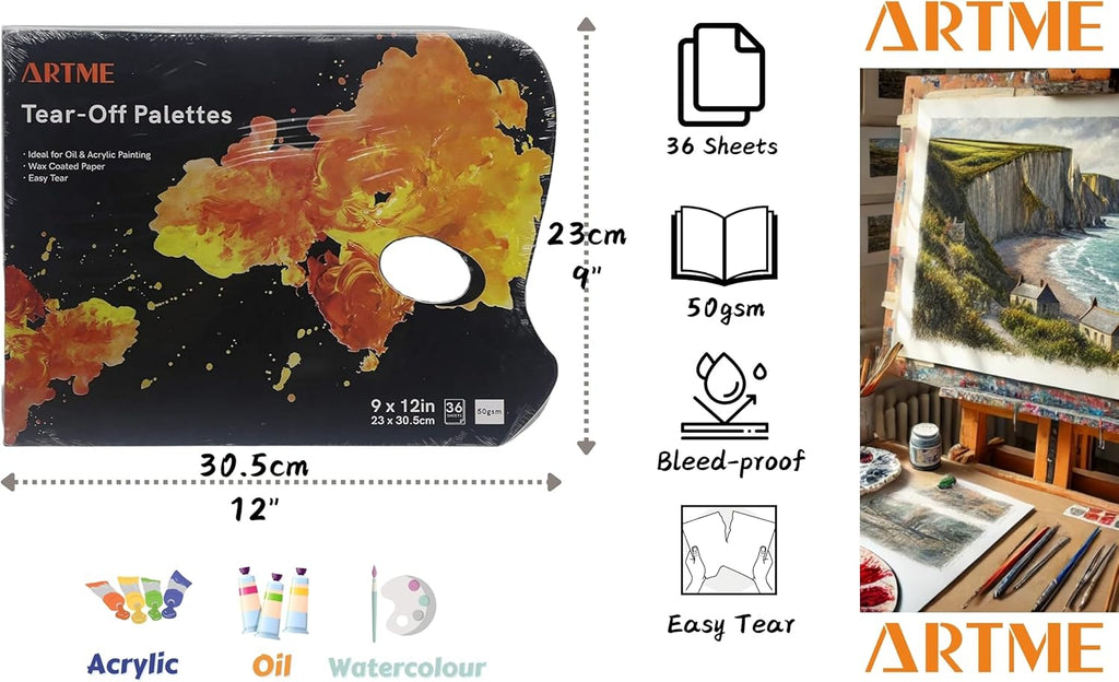 ARTME – Paleta Desechable de 36 Hojas 23x30,5 cm (50 g/m²) con Agujero para el Pulgar – Para Acrílico, Óleo y Acuarela