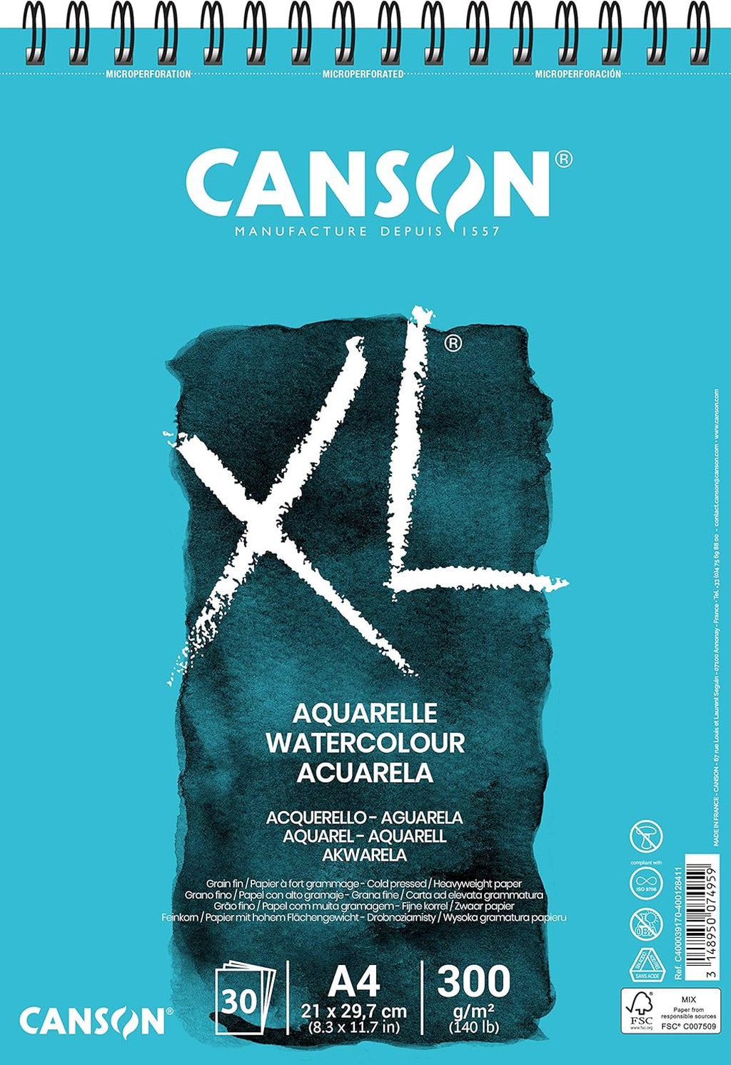 Canson XL Acuarela – Bloc A4 300 g/m² Prensado en Frío (30 Hojas Espiraladas)
