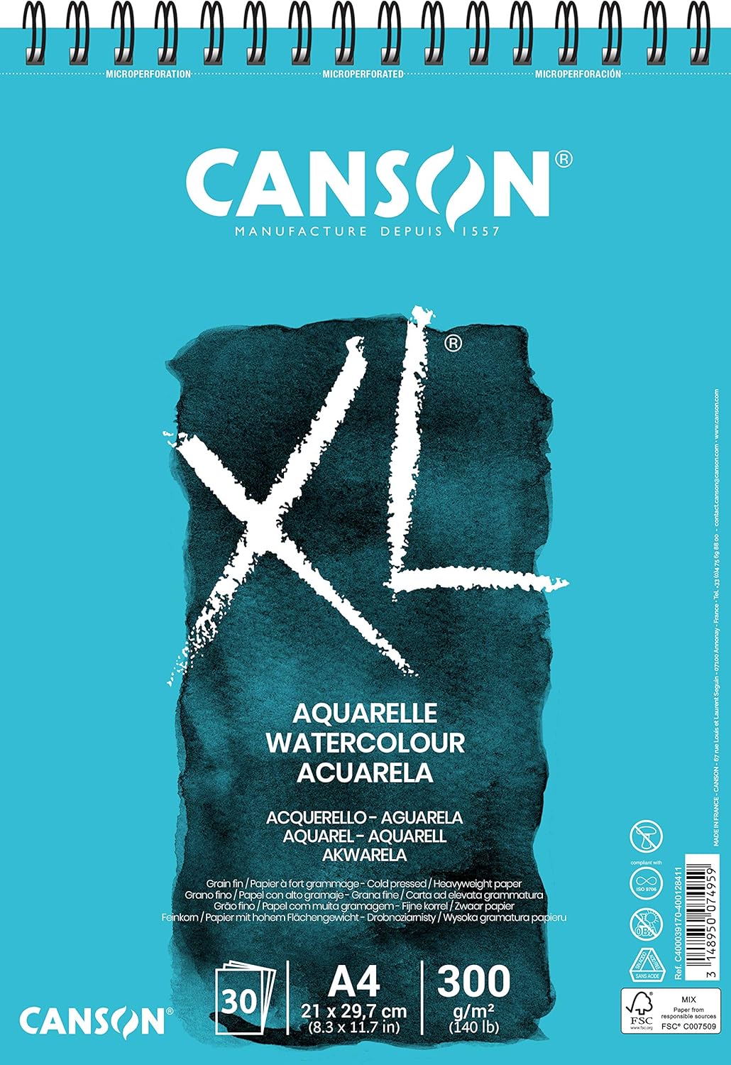 Canson XL Acuarela – Bloc A4 300 g/m² Prensado en Frío (30 Hojas Espiraladas)