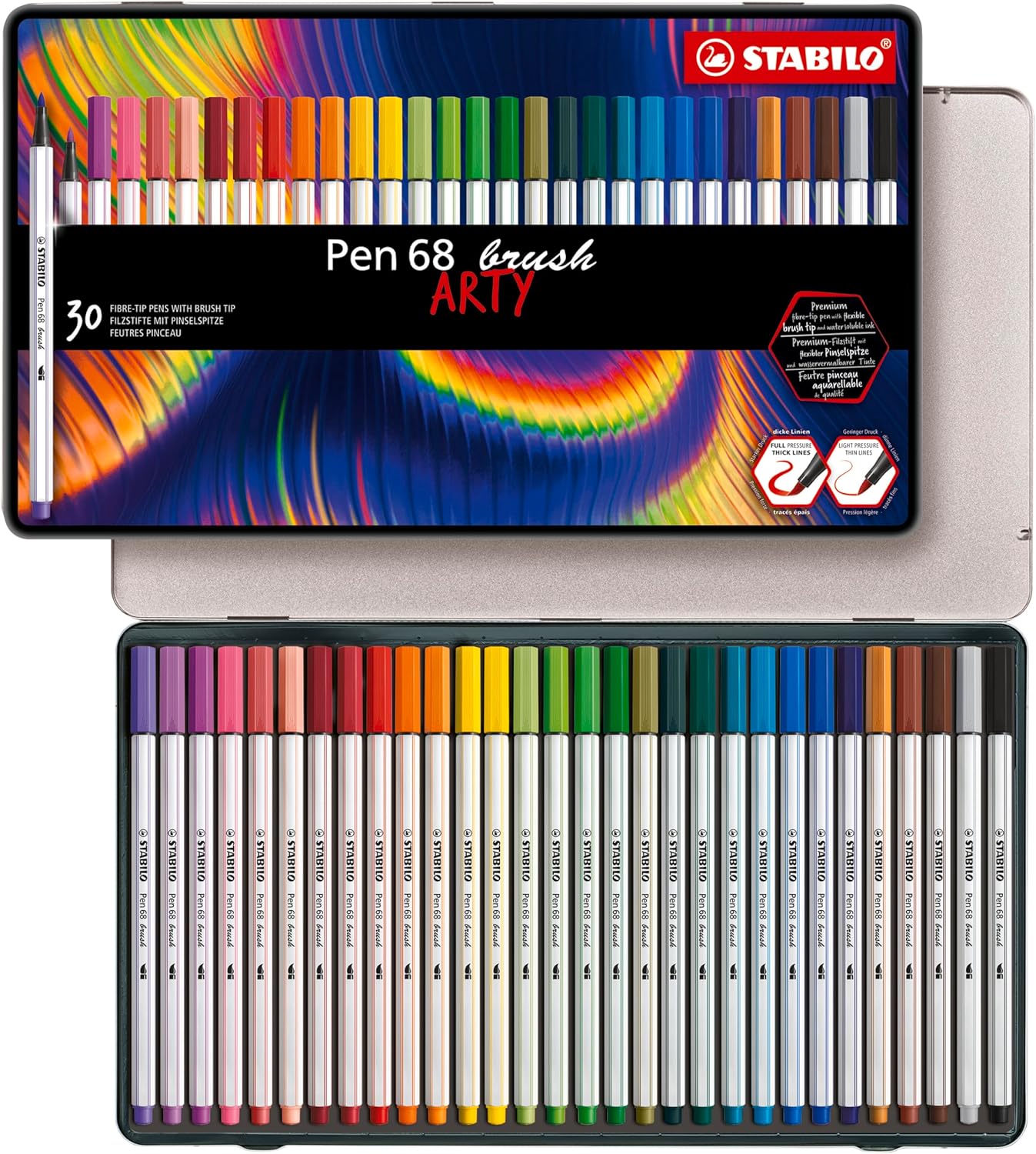 Rotulador premium con punta de pincel STABILO Pen 68 Brush - Estuche de metal ARTY con 30 colores